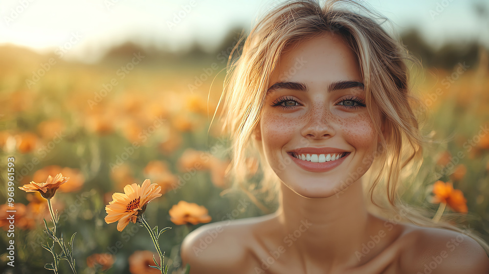 A joyful woman smiling in a vibrant flower field, capturing the essence of happiness and nature's beauty under warm sunlight.