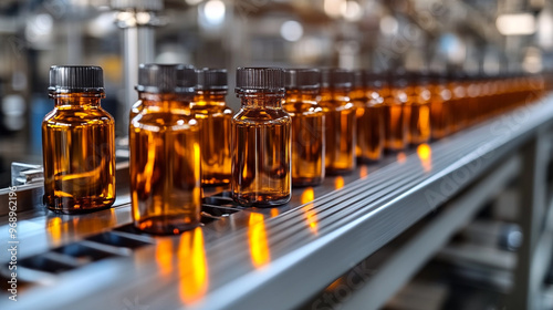 A row of amber glass bottles on a production line in a modern manufacturing facility, showcasing the bottling process.