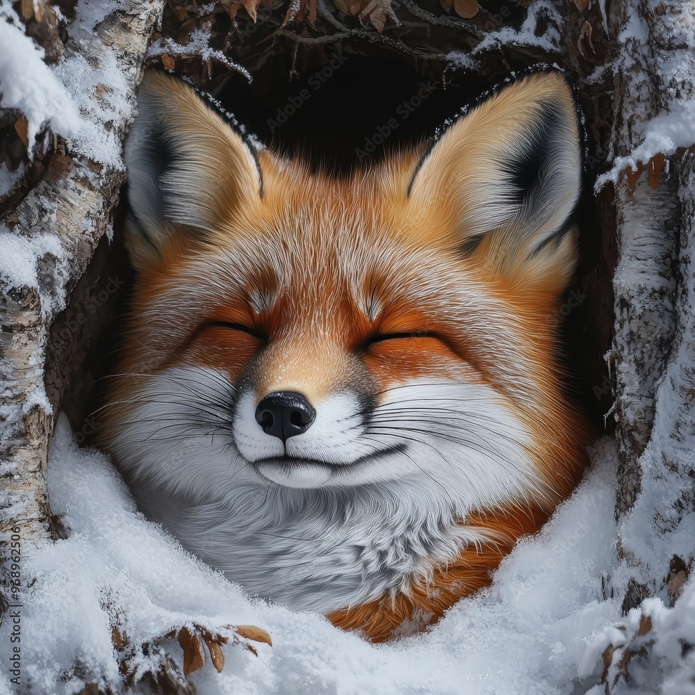 A content fox nestled in a snowy, tree-lined den, radiating warmth and tranquility in the heart of winter. A content fox nestled in a snowy, tree-lined den, radiating warmth and tranquility in the heart of winter.