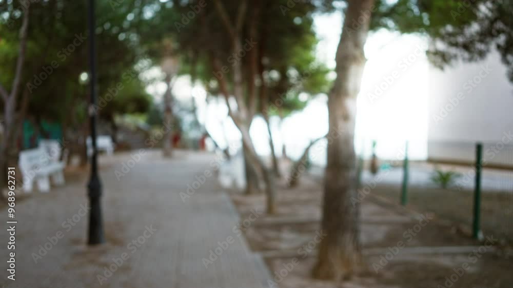 Blurred outdoor path with trees, benches, and defocused background Blurred outdoor path with trees, benches, and defocused background