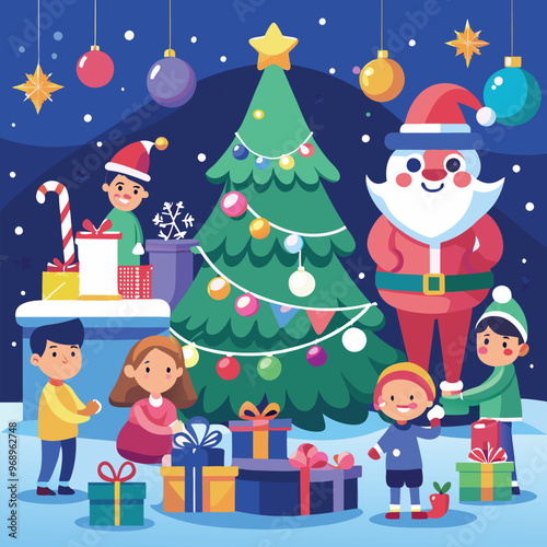 Wallpaper Mural Festive Christmas Celebration with Gifts, Tree, and Snowman – Family Holiday, Vector illustration Torontodigital.ca