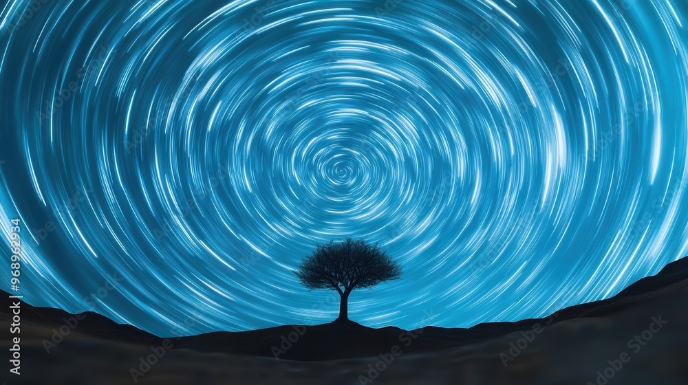 Fototapeta premium A tree is standing in the middle of a field with stars swirling around it, AI