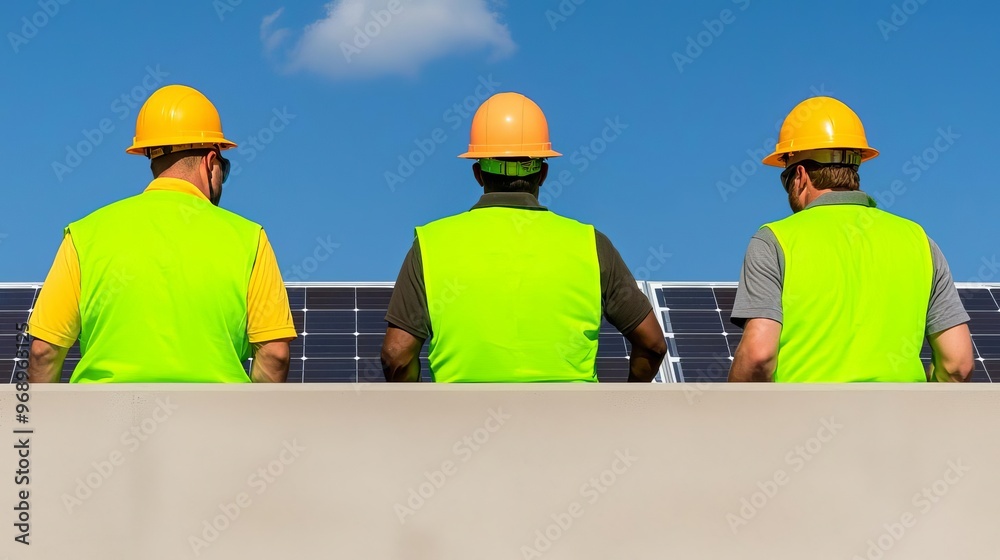 Team of professionals installing solar panels on a sunny day, teamwork, construction, safety gear, proactive maintenance, clean energy infrastructure Team of professionals installing solar panels on a sunny day, teamwork, construction, safety gear, proactive maintenance, clean energy infrastructure