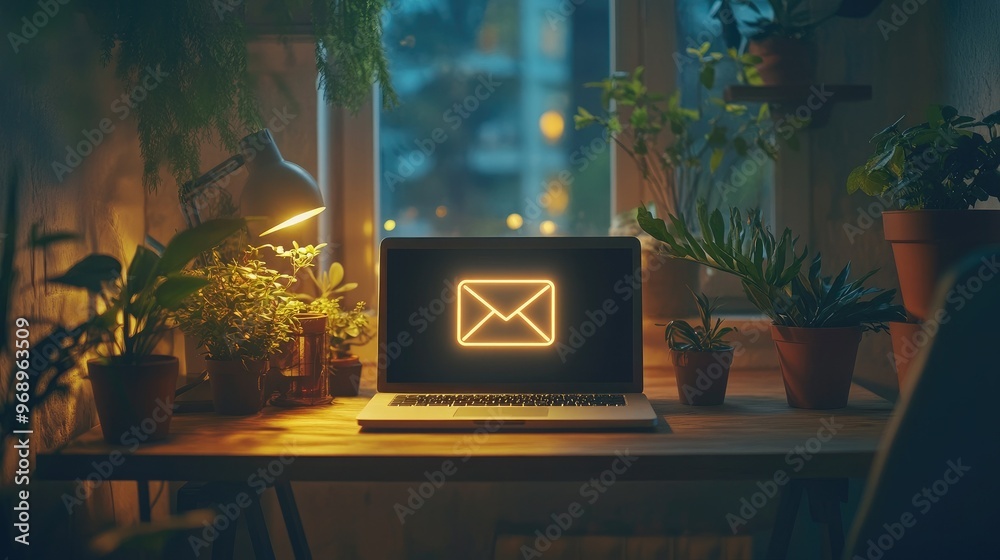 Cozy office with a laptop displaying a glowing email symbol, complemented by potted plants on a wooden desk Cozy office with a laptop displaying a glowing email symbol, complemented by potted plants on a wooden desk
