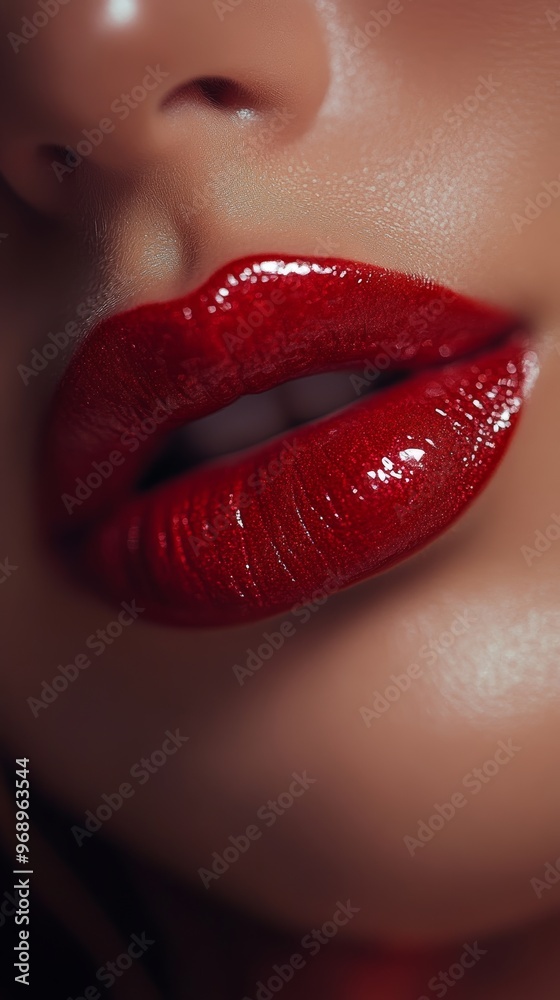 Obraz premium Close-up of glossy red lips with
