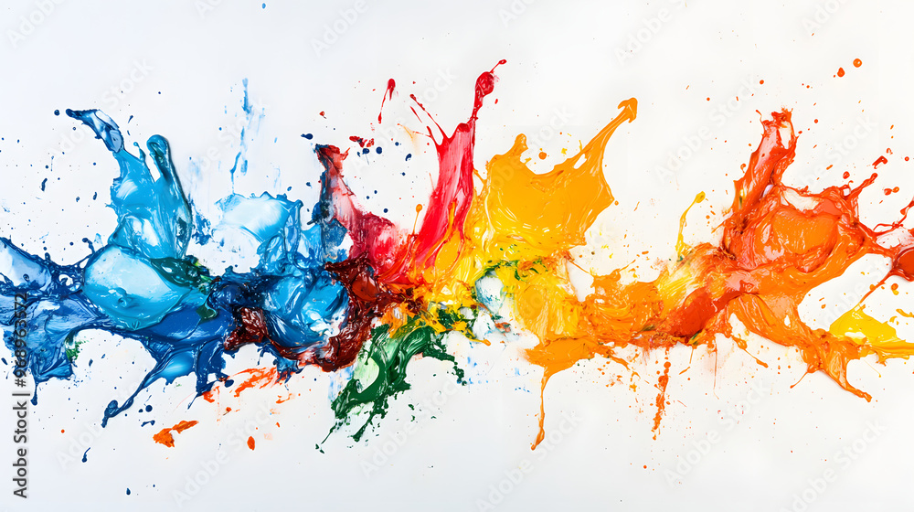 An artistic collection of multicolored paint splashes on a white canvas.