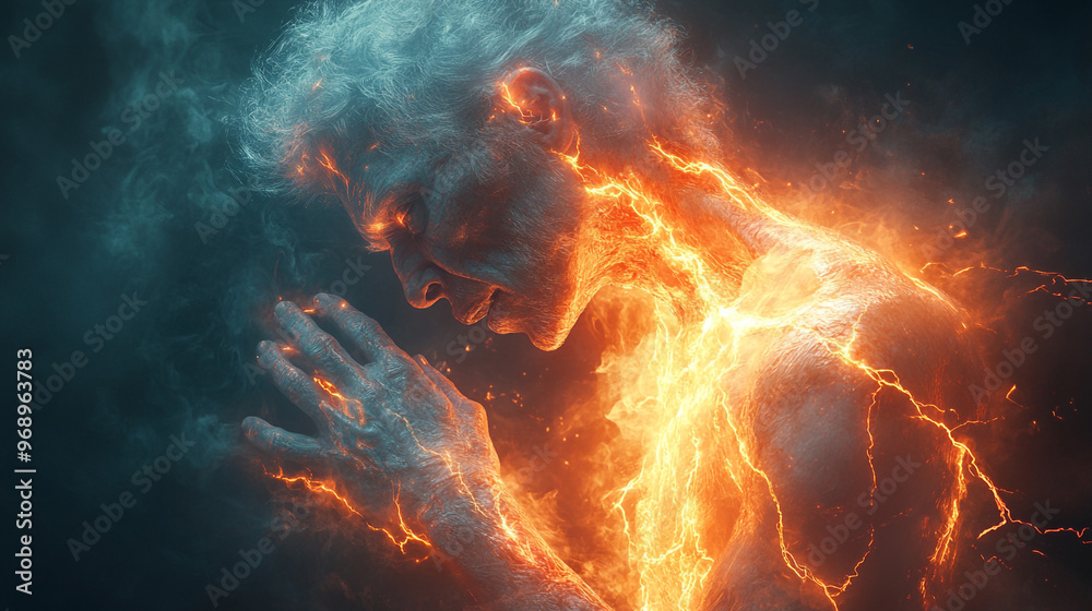 Fototapeta premium A surreal depiction of a figure illuminated by ethereal flames, symbolizing transformation and the power of inner energy.