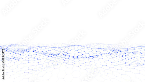 Futuristic vector hexagon wave. Dark cyberspace. Abstract wave with dots and line. Blue moving particles on a white background.