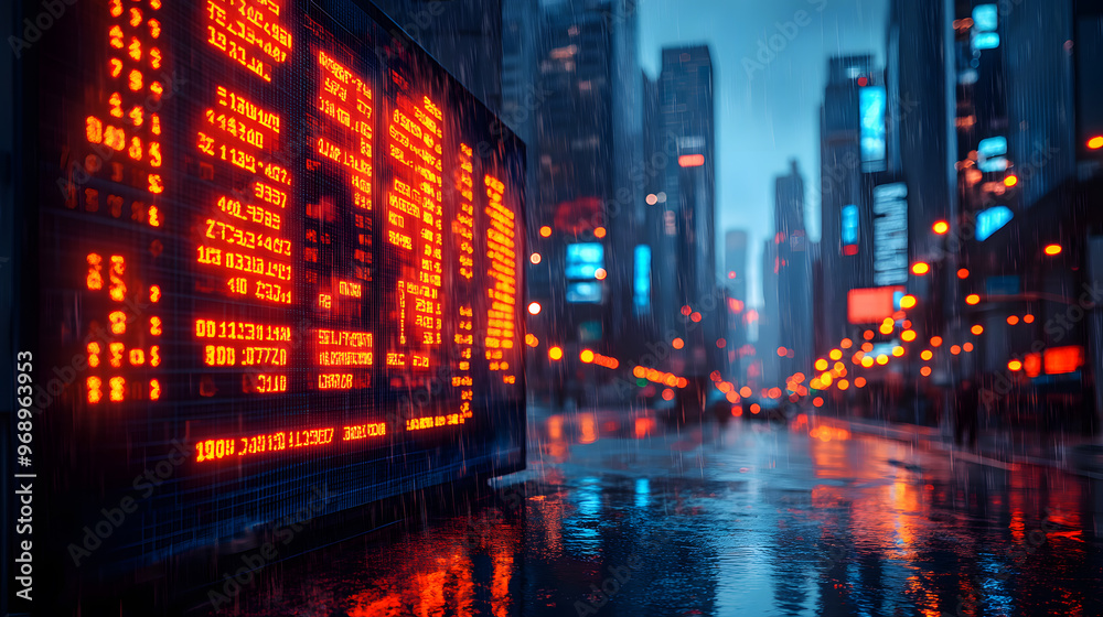 Fototapeta premium Double Exposure of Stock Market Graph and Skyscrapers: Blue-Themed Financial Illustration for Business Concepts