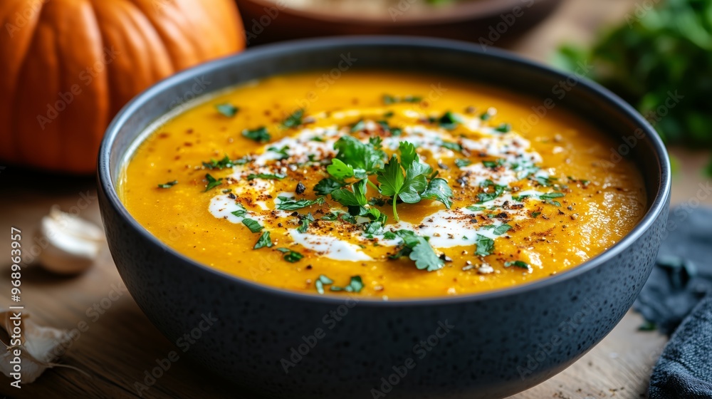 Bowl of creamy pumpkin soup garnished with herbs, creating a warm and cozy autumn or Thanksgiving meal vibe