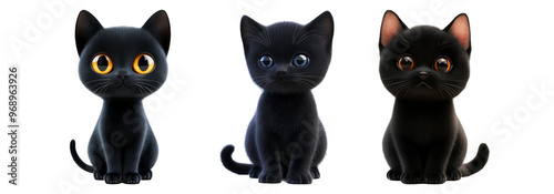 Cute black cat set isolated on transparent background. Adorable black cats for Halloween and pet themes