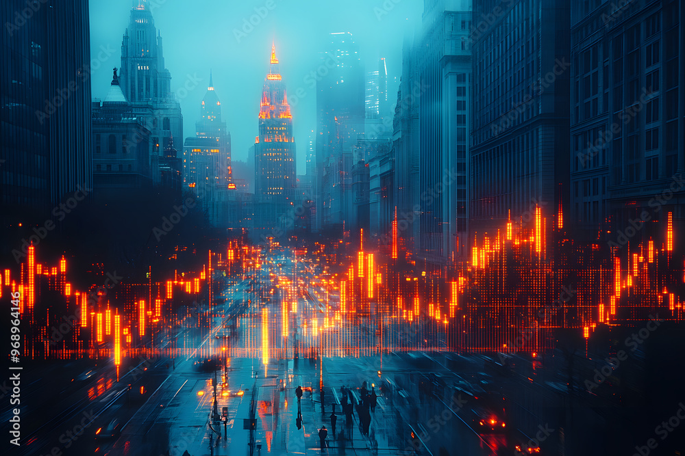 Obraz premium Urban Financial Market Concept with Stock Trading Graphs and Skyscraper Silhouettes