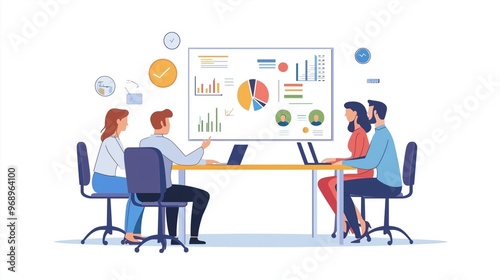 Staff meeting at long desk on presentation in office room. Manager stands near financial diagram. Team work on conference. Business training, discussion and brainstorming seminar.