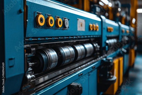 Close-up of Industrial Machinery with Rotating Metal Cylinders photo