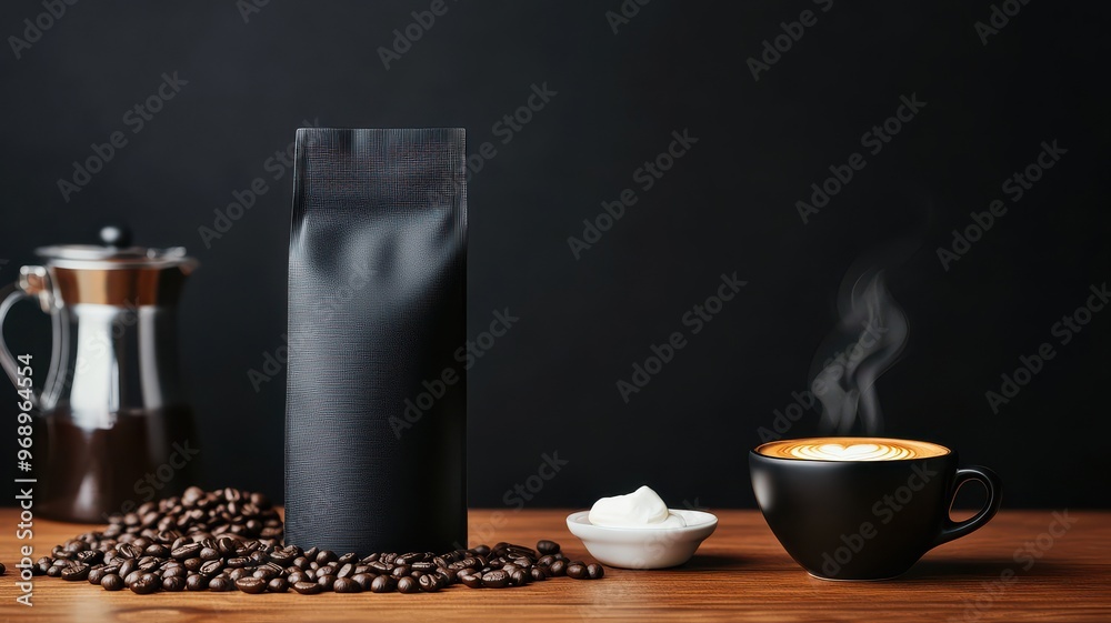 A cozy coffee setup featuring a steaming cup, coffee beans, and a black bag of ground coffee on a wooden table. A cozy coffee setup featuring a steaming cup, coffee beans, and a black bag of ground coffee on a wooden table.