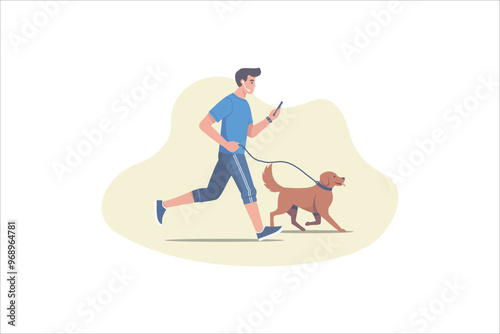 Young man jogging in spring park with dog. Outdoor activity, dog walking. Vector illustration.