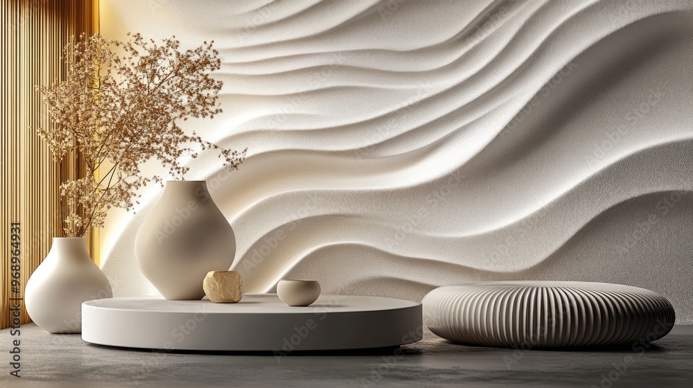 White and Gold Decorative Objects on a Platform with a Textured Background White and Gold Decorative Objects on a Platform with a Textured Background