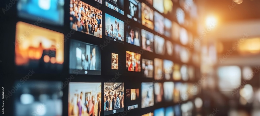 Wall of Digital Displays with Video Streaming Media Entertainment Channels, Technology, and Blur Wall of Digital Displays with Video Streaming Media Entertainment Channels, Technology, and Blur