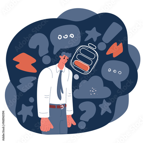 Cartoon Vector Illustration of a Businessman Next to a Large Question Mark, Representing the Challenge of Finding Solutions over dark background