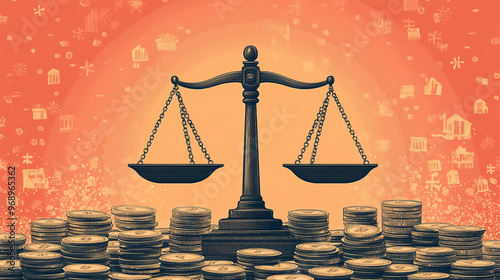A visual representation of justice and balance, featuring a scale surrounded by coins, symbolizing financial equity and law.
