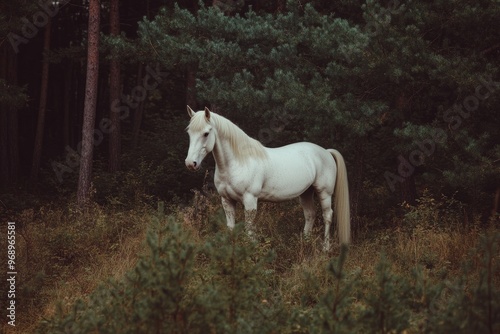 Einhorn with golden horn in a dark forest (stock)