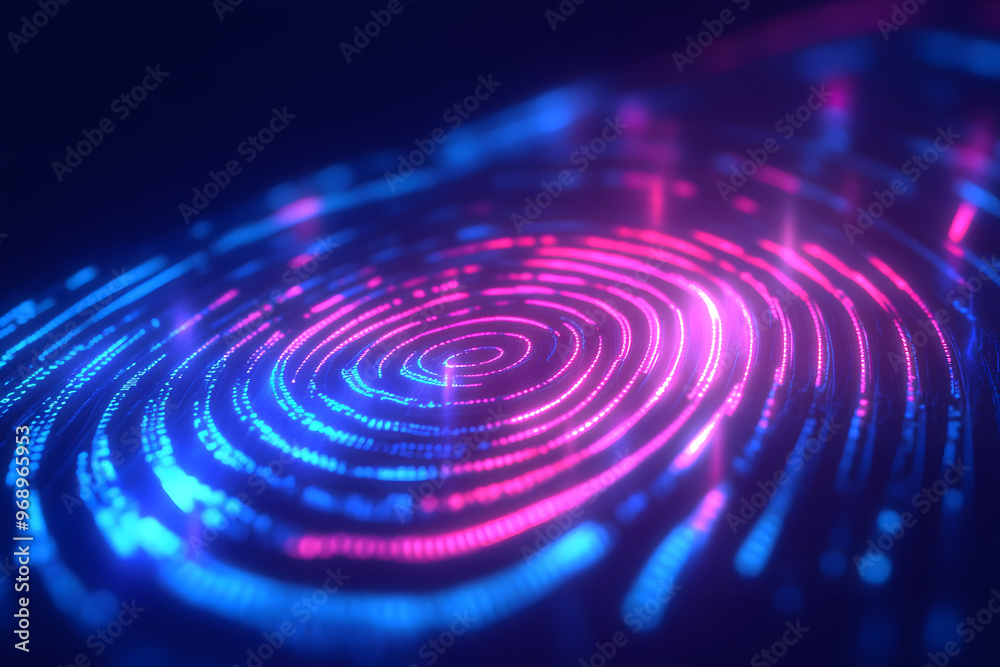 Futuristic digital fingerprint with neon lines on a dark background, representing biometric security and technological innovation Futuristic digital fingerprint with neon lines on a dark background, representing biometric security and technological innovation
