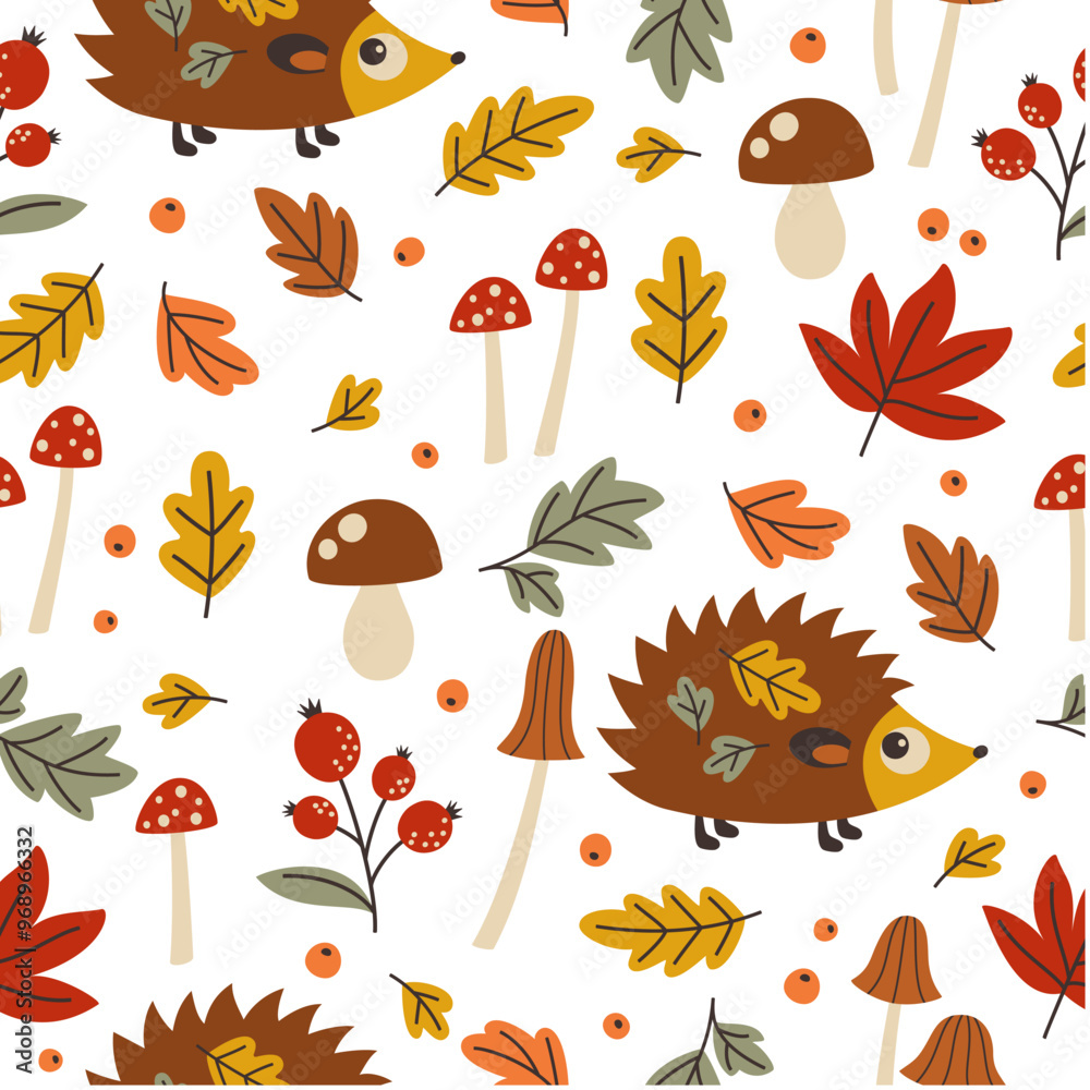Fototapeta premium Autumn pattern with hedgehogs, mushrooms, leaves and other forest elements.