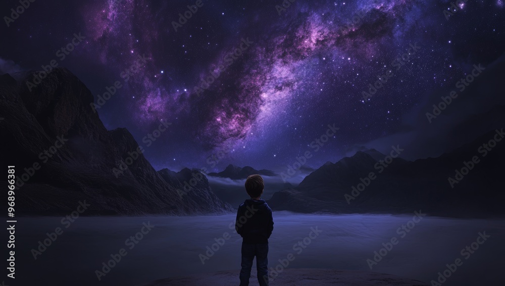 The illustration shows a boy looking up at a night starry sky with glittery galactic flickers above, a theme for prayer of hope, love, and peace. The illustration shows a boy looking up at a night starry sky with glittery galactic flickers above, a theme for prayer of hope, love, and peace.