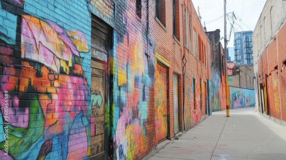 Fototapeta premium Colorful graffiti art adorns the brick walls of an urban alleyway.