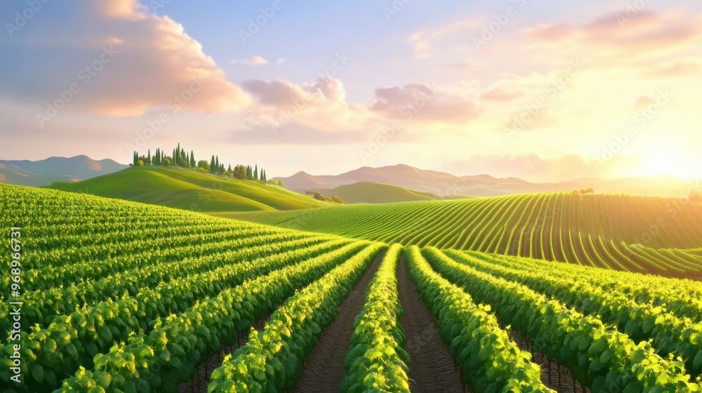 A field of green plants with a sun setting in the background, AI A field of green plants with a sun setting in the background, AI