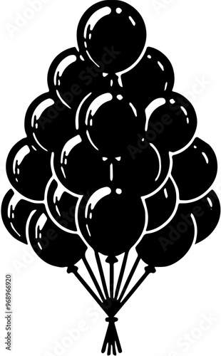A cluster of black balloons with strings attached, isolated against a white background, symbolizing celebration, parties, events, or mystery, great for festive promotions, event marketing, or mood-set