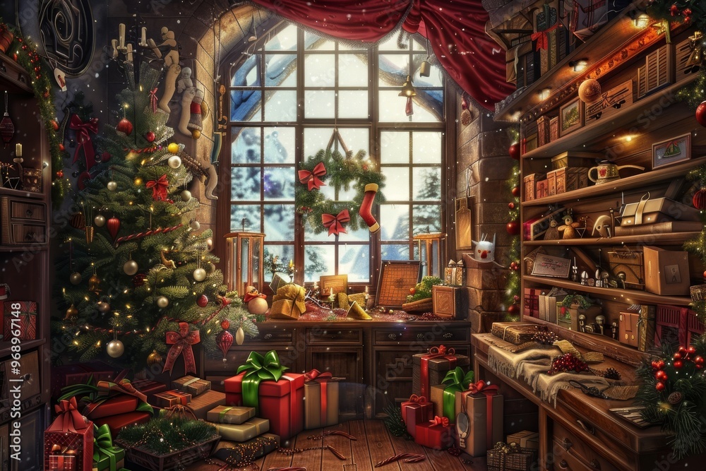 Enchanting illustration of an old magic shop filled with Christmas decorations and gifts. Cozy christmas scene with decorations, a warming fireplace and a christmas tree, Happy seasons greetings Enchanting illustration of an old magic shop filled with Christmas decorations and gifts. Cozy christmas scene with decorations, a warming fireplace and a christmas tree, Happy seasons greetings