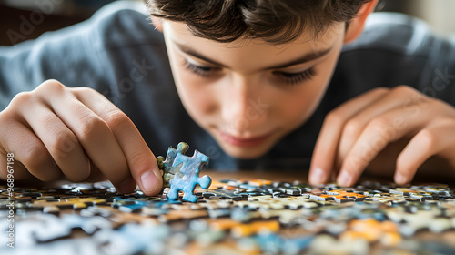 A determined student completing a complex puzzle placing the final piece with satisfaction. photo