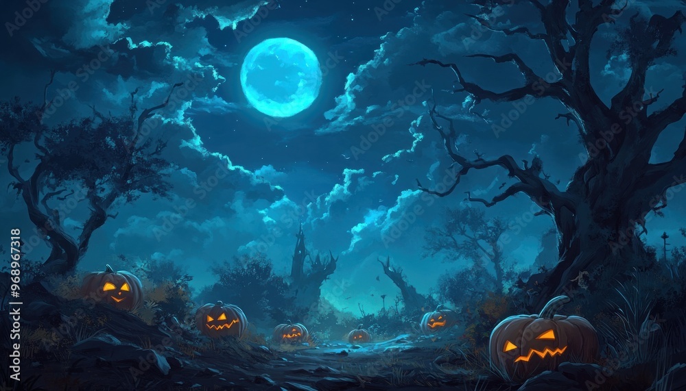 Obraz premium Halloween Jack-o-Lanterns in a Spooky Forest Under a Full Moon
