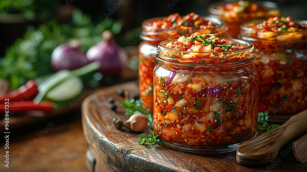 Colorful jars of homemade salsa on a rustic wooden table, garnished with fresh herbs, perfect for food lovers and culinary enthusiasts. Colorful jars of homemade salsa on a rustic wooden table, garnished with fresh herbs, perfect for food lovers and culinary enthusiasts.