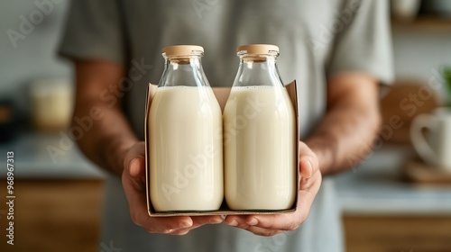 Pair of hands holding a box of organic dairy-free milk alternatives, almond milk, oat milk in glass bottles, soft morning light reflecting off the glass, the background shows a modern kitchen