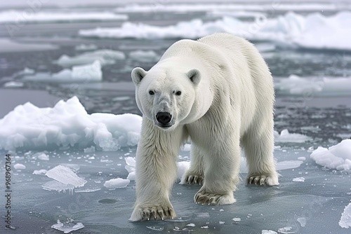 Magnificent Polar Bear Walking on Ice Floes, Arctic Wildlife, Global Warming Concept.