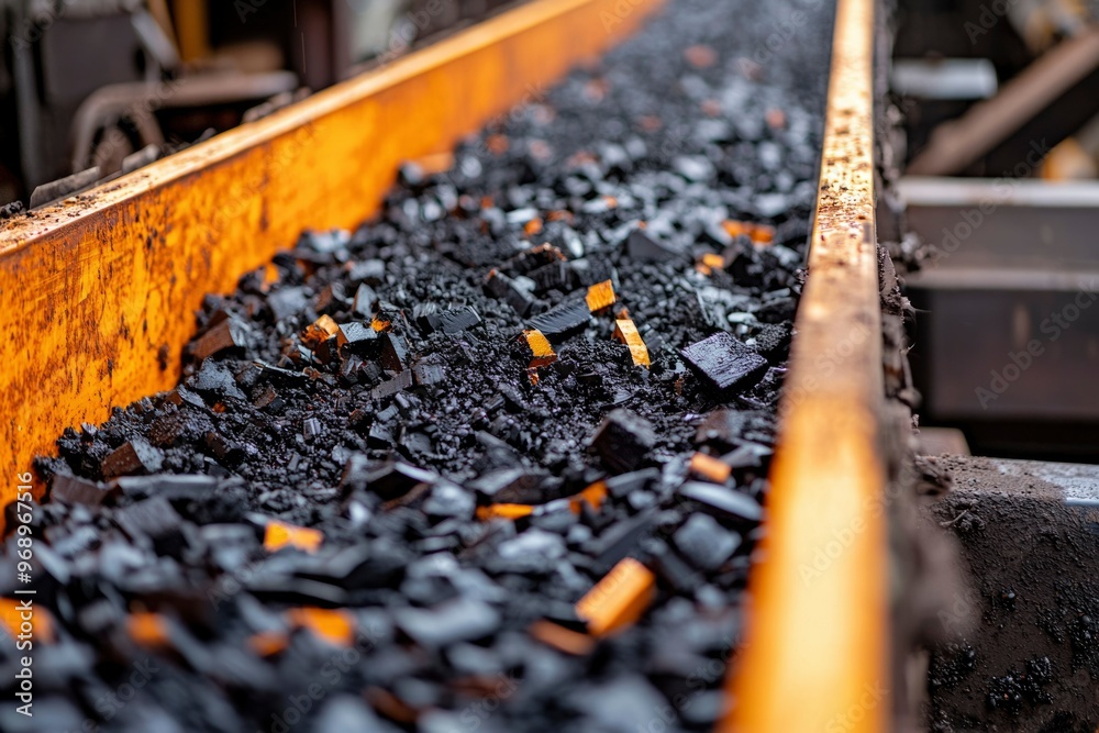 Naklejka premium Close-up of Black and Yellow Material Moving on a Conveyor Belt