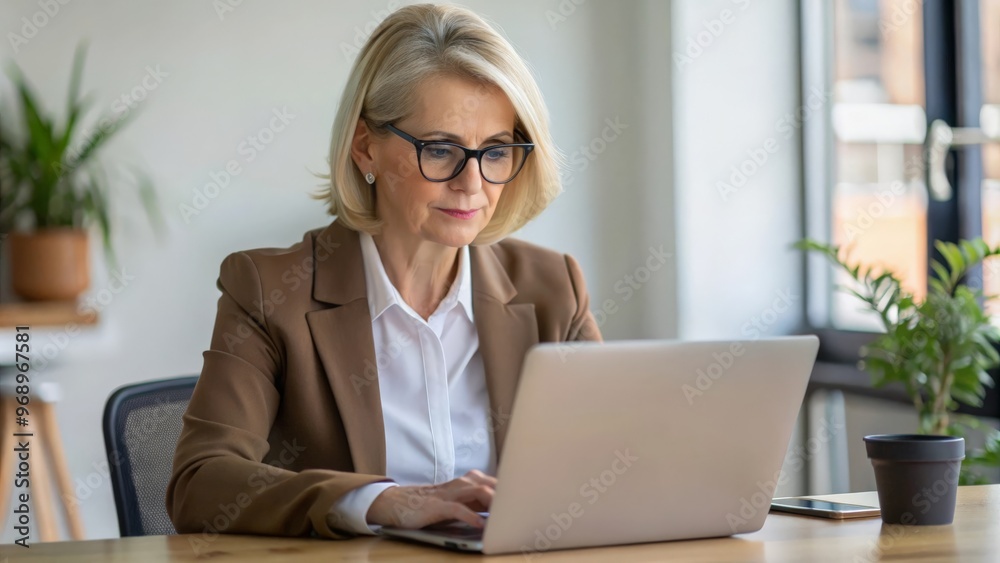 Serious busy mature middle aged professional business woman, older lady manager executive leader wearing glasses looking at laptop using computer in office working on digital project sitting at desk Serious busy mature middle aged professional business woman, older lady manager executive leader wearing glasses looking at laptop using computer in office working on digital project sitting at desk
