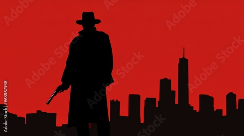 This spy thriller is set during the Cold War, with a stylized silhouette of a man in a trench coat holding a gun against an accent of intense red typography and stark geometric shapes. photo