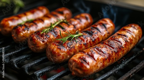 Grilled German Sausages on Barbecue Grill