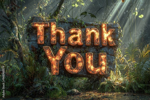 Thank You text in tropical rainforest scene with sunlight rays