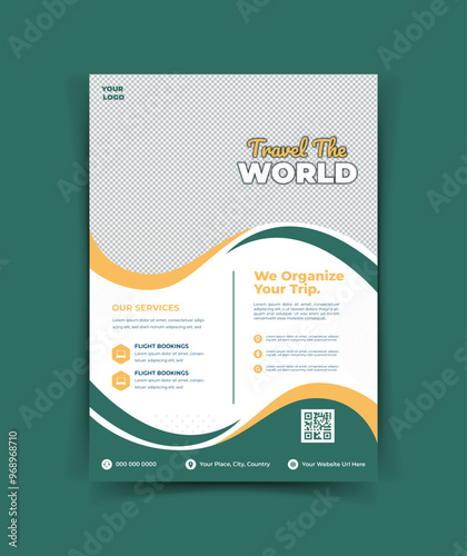 Travel poster or flyer pamphlet brochure design layout space for photo background. Yellow Travel flyer template for travel agency.