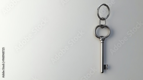 A shiny silver key with a ring on a white background.