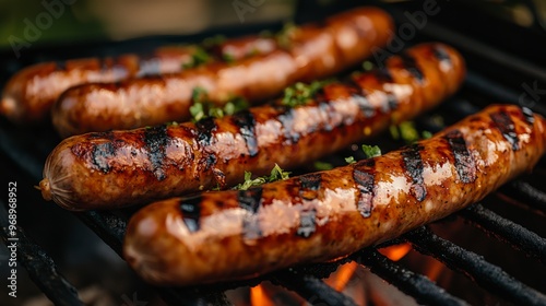 Grilled German Sausages on Barbecue Grill