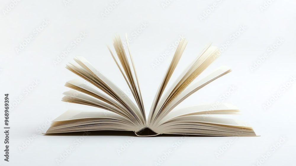 An open book with fanned pages on a white background. An open book with fanned pages on a white background.
