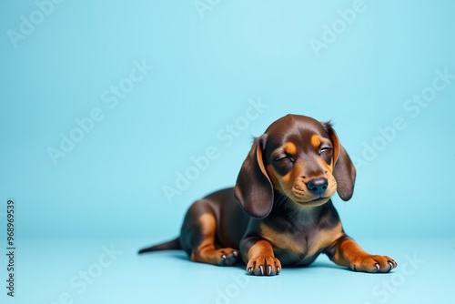 Adorable Dachshund Puppy with Closed Eyes on a Blue Background