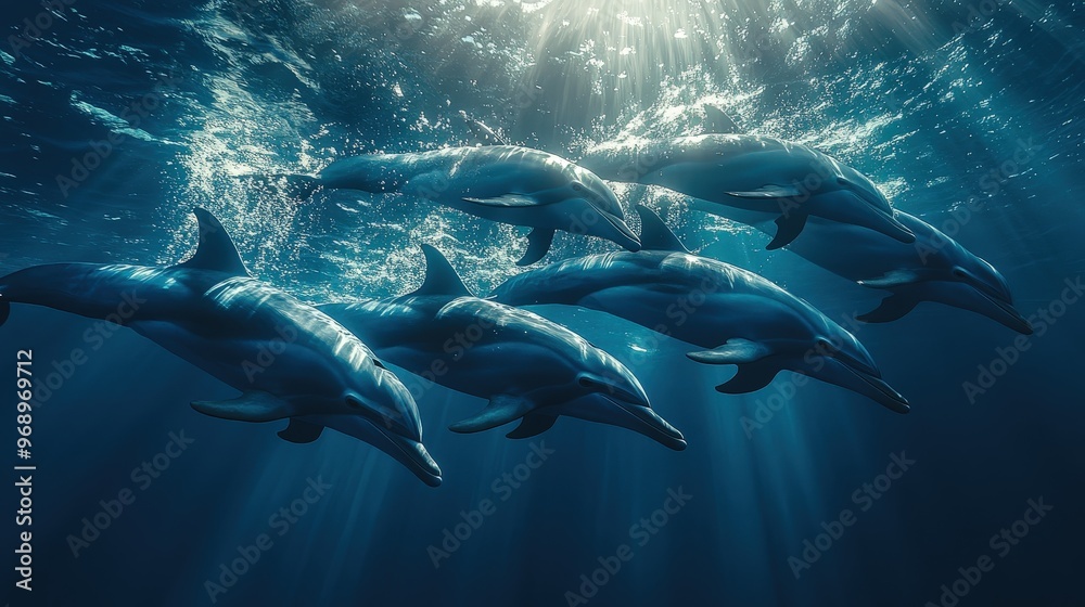 Obraz premium A pod of dolphins swimming gracefully in the deep blue ocean with rays of sunlight illuminating their path.