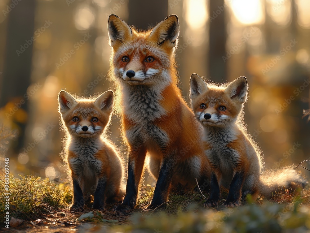 Naklejka premium A red fox and two kits in a forest. The light and their fur create a stunning scene of wildlife family bonding.