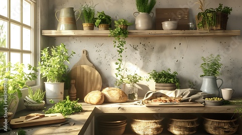 Rustic kitchen with a wooden table on bread